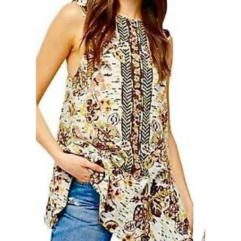 Free People Linen Blend Top Womens XS Summer In Tulum Boho Floral Green Combo